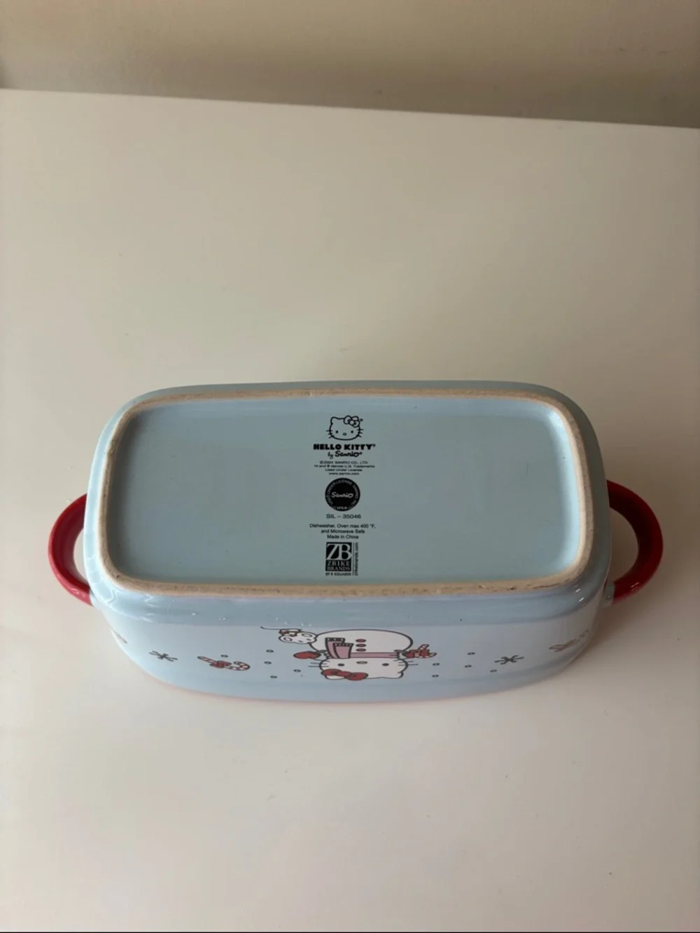 Hello Kitty Light Blue & Red Ceramic Serving Dish with Snowman Design NWOT